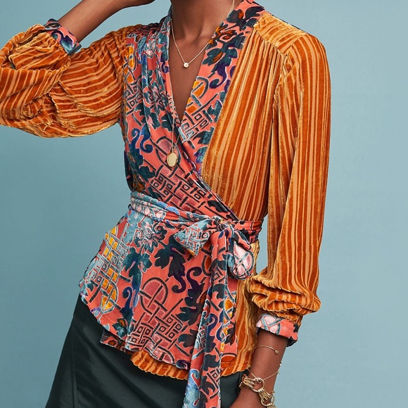 Anthropologie Tops - HP✨ Anthro Velvet Patchwork Wrap Top, size small